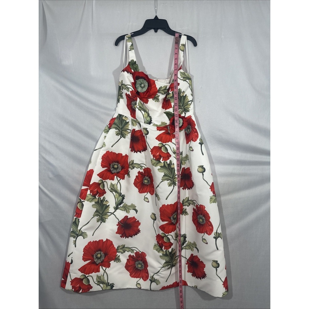 NWD $6000 Oscar de la Renta [ 10‎ ] Poppies Floral Scoop Midi Dress White Red - Picture 2 of 16